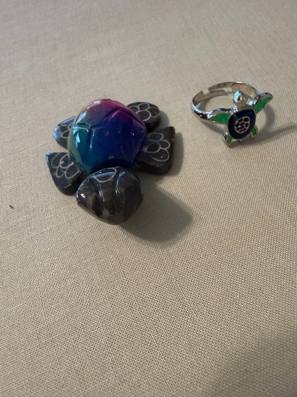 Colorful Turtle Figurine with Turtle Ring - Blue Green Purple